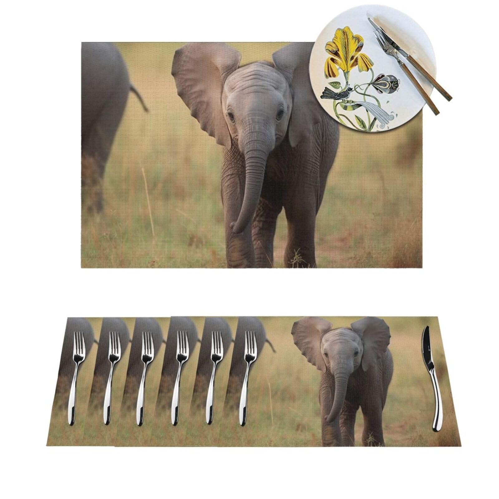 Placemats Set of 1 Heat Resistant Non-Slip Baby Elephant Place Mats for Dining Table Washable PVC Table Mats Wipeable Kitchen Table Placemat for Outdoor Indoor 12 X 18 Inch