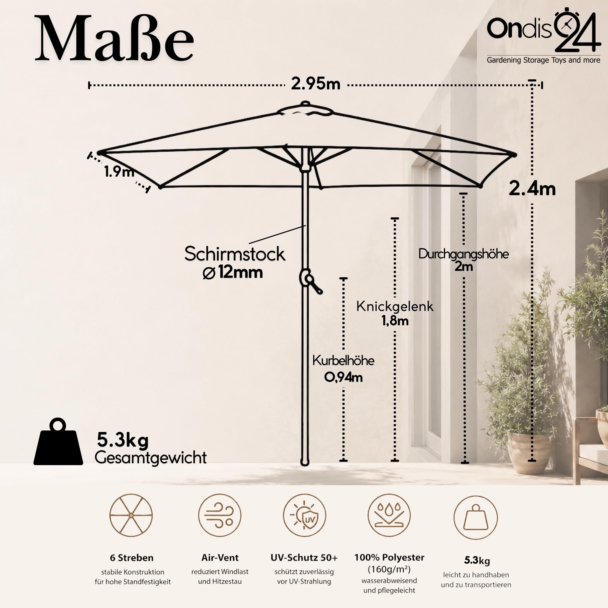 Ondis24 Marktschirm 3x2 Meter Sonnenschirm rechteckig mit Volant, Knick-Gelenk, Kurbel, Gestell aus Stahl, UV 50 (Beige)