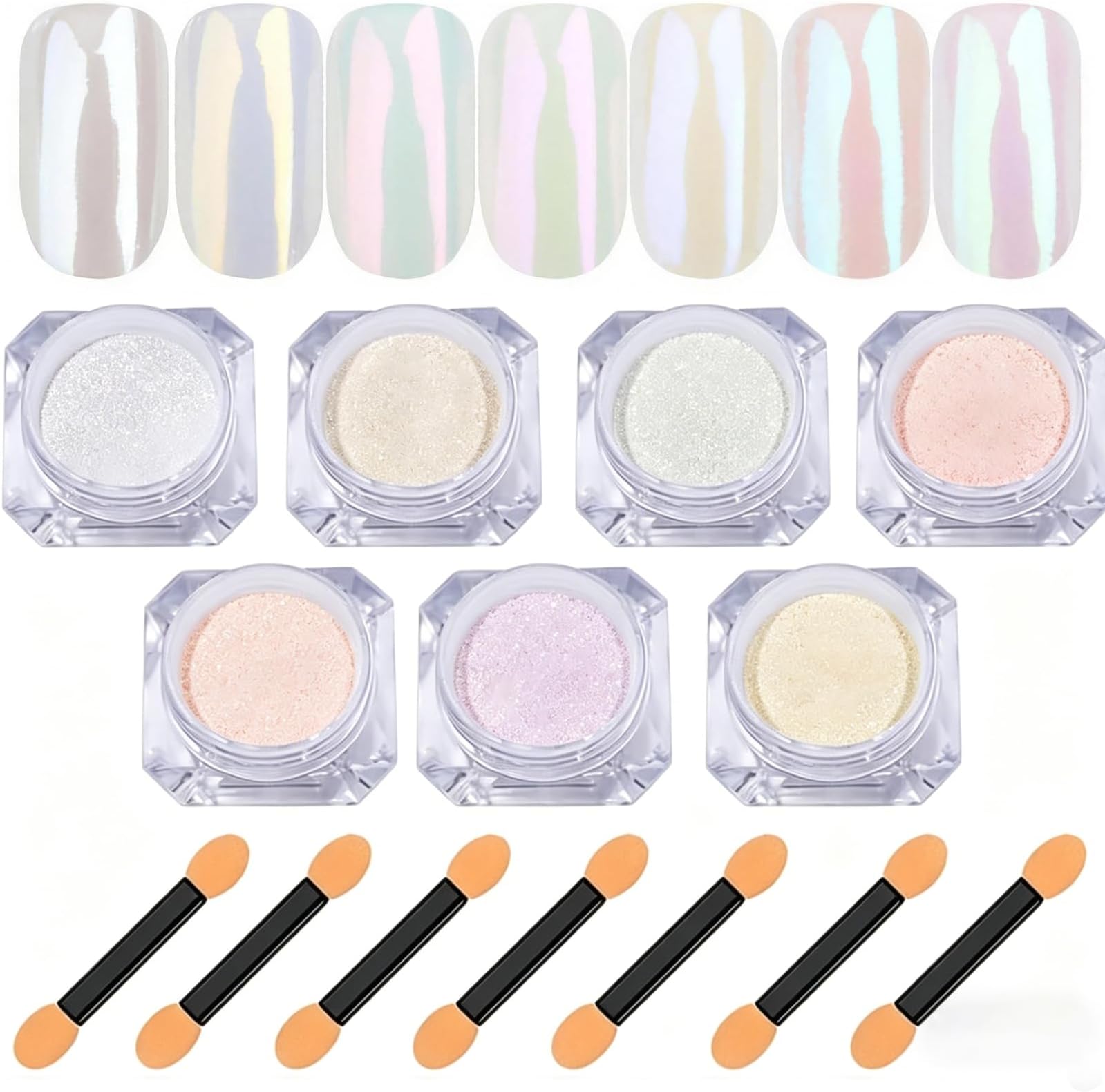 7 Colors Chrome Nail Powder Set, Nail Chrome Bulk,White Pearl Iridescent Aurora Metallic Mirror Effect Dip Nail Powder Kit, Gel Polish Holographic Mermaid Pigment, Resin Craft,Nails Art Gift for Women