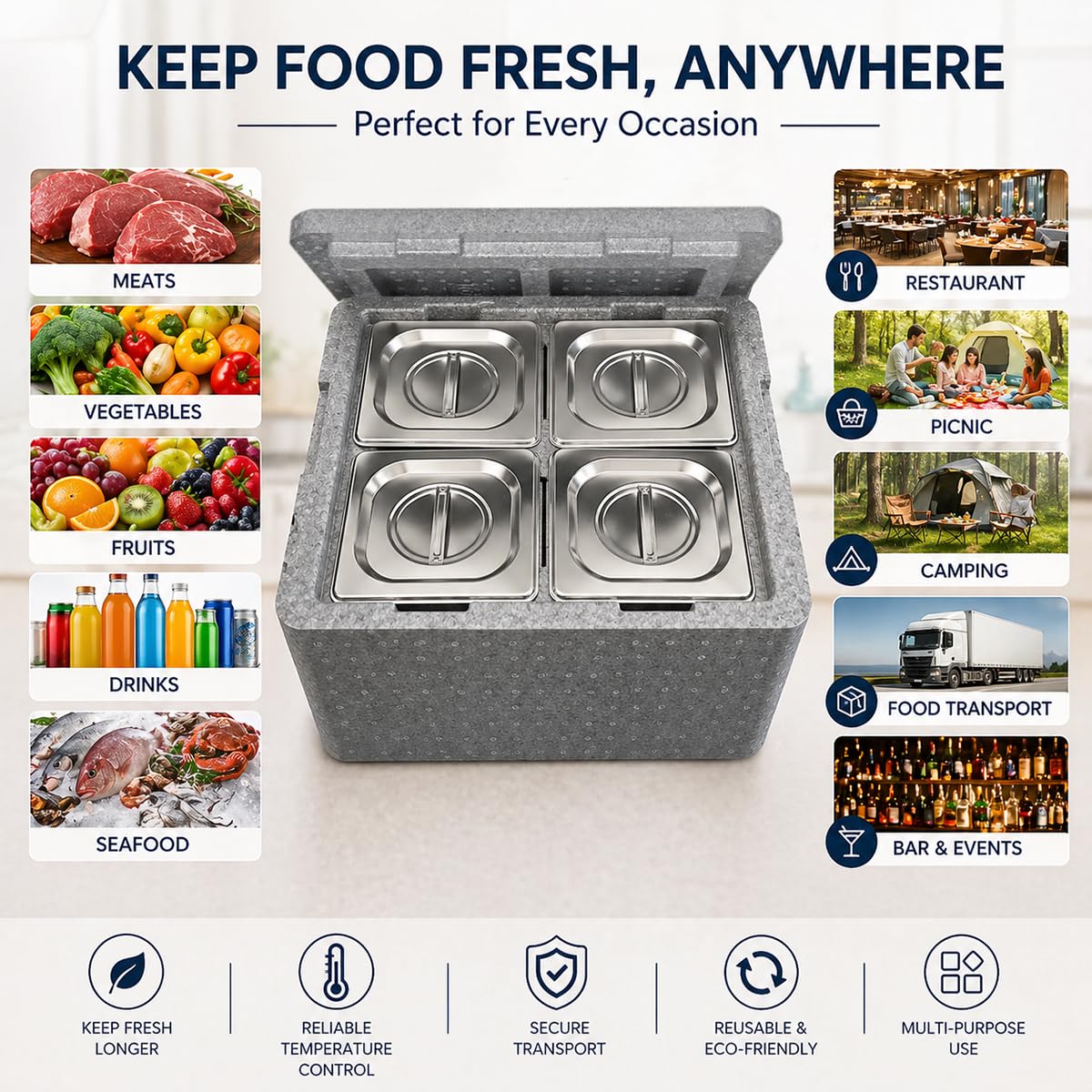 Contenitore termico per alimenti, 17 Qt/16 L, per catering, scaldavivande commerciale, con 4 padelle in acciaio inox, scaldavivande per ristorante, mensa, casa