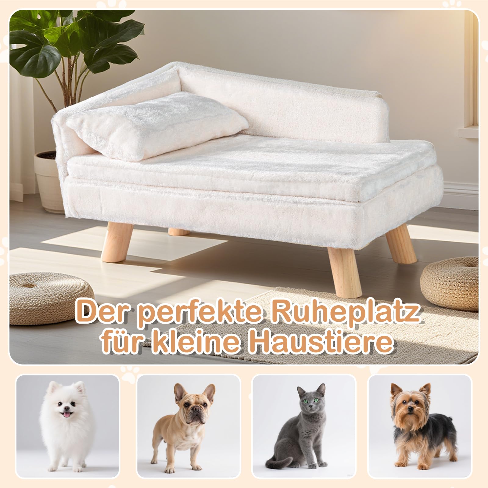 COSTWAY Katzensofa Luxus, Katzenbett erhöht, Katzencouch mit 2 abnehmbaren Kissens, Rückenlehne & Holzbeinen, Katzensessel Haustiersofa Weich, für mittelgroße & kleine Katzen, Hundesofa Indoor (Weiß)