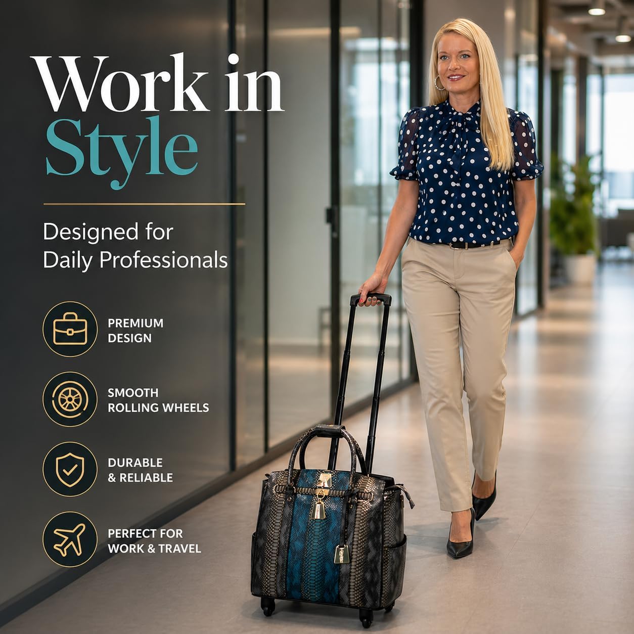 Rolling Laptop Bag for Women with Wheels & Handle Luxury Pure Leather Embossed Work Bag with Laptop Sleeve Travel Briefcase