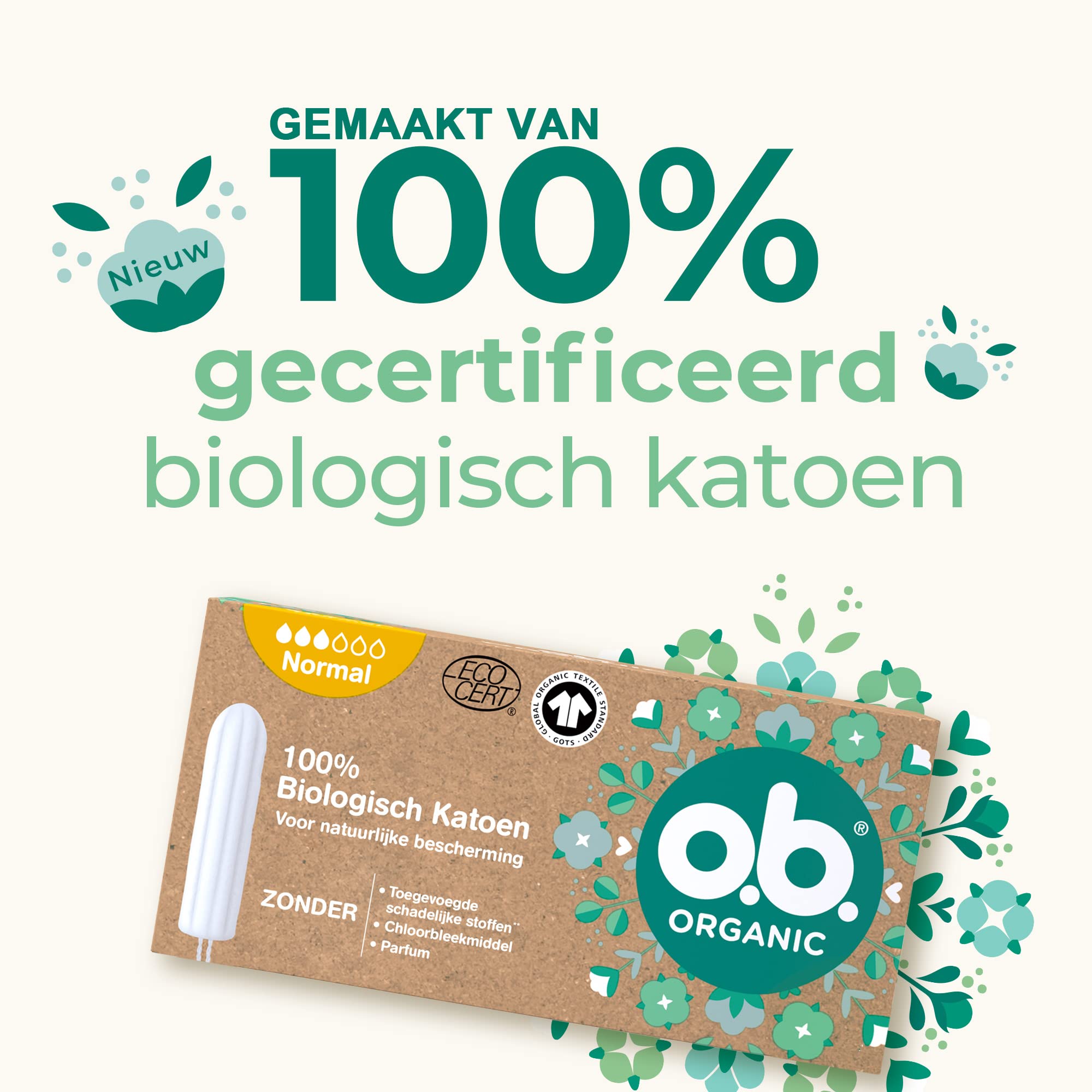 o.b. Organic Normal Biotampony na średnie do cięższych dni miesiączkowych z 100% biobawełny, z zakrzywionymi rowkami zapewniającymi niezawodną i naturalną ochronę, 6 x 16 sztuk