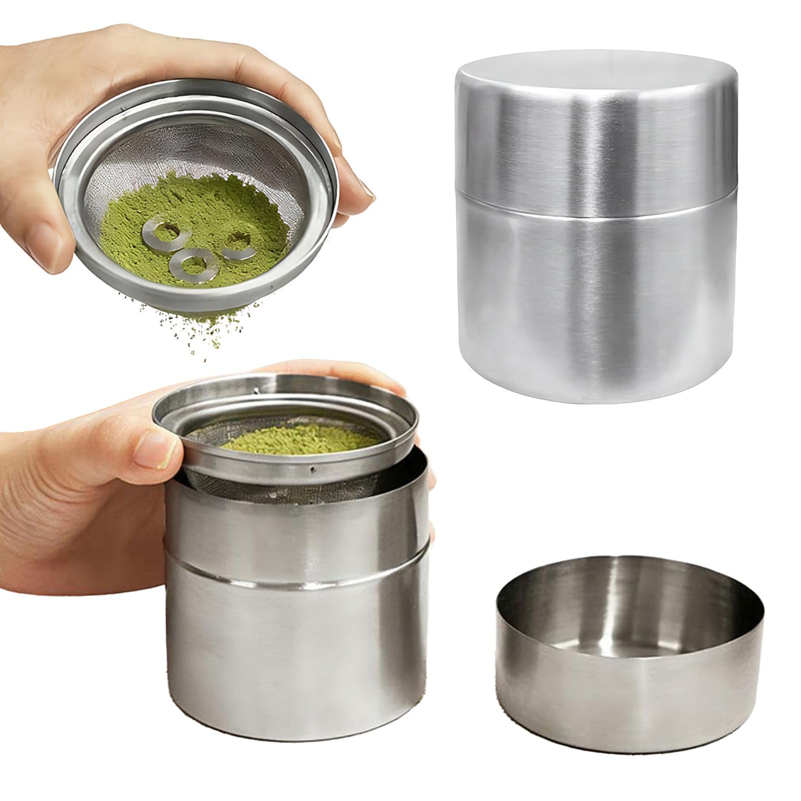 Matcha Powder Sifter and Storage Tin Set, 300ml Stainless Steel Matcha Shaker Canister with Fine Mesh Sieve & Agitator Rings, Tea Powder Organizer for Matchas Latte, Kitchen, Tea Bar & Coffee Station