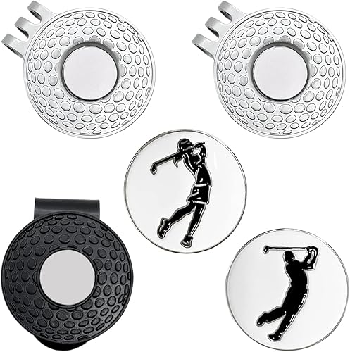 Paquete de 2 marcadores de pelota de golf con clips de sombrero de golf de color plateado + 1 paquete de clip negro para sombrero de golf, 3 clips