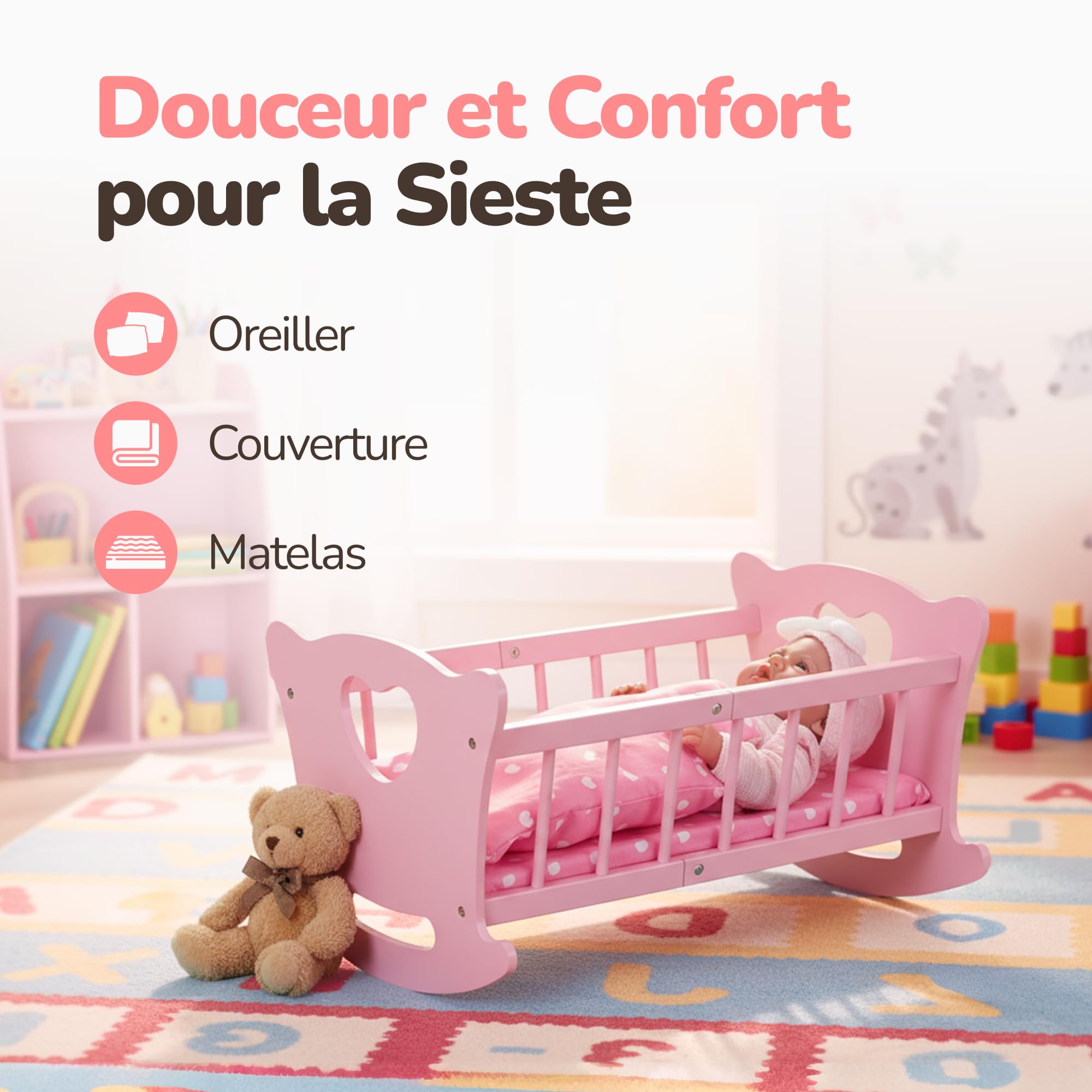 Kinderplay Berceau de poupée en Bois avec Parure de lit - Lit à Bascule pour poupées jusqu'à 49,5 cm - Jouet en Bois Durable pour Filles à partir de 3 Ans - Lit de poupée avec Matelas, Coussin et