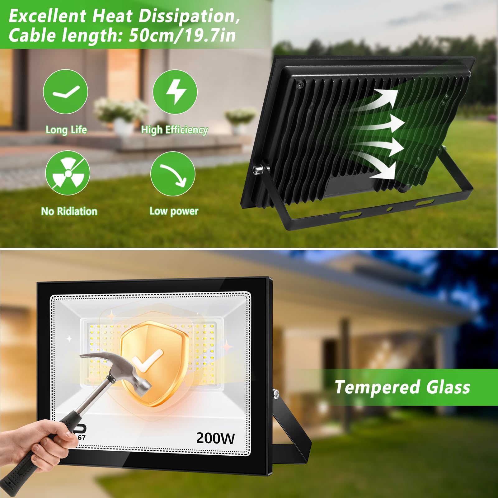Zewnętrzny reflektor LED 200 W, 7000 K, 20000 lm, reflektor zewnętrzny LED