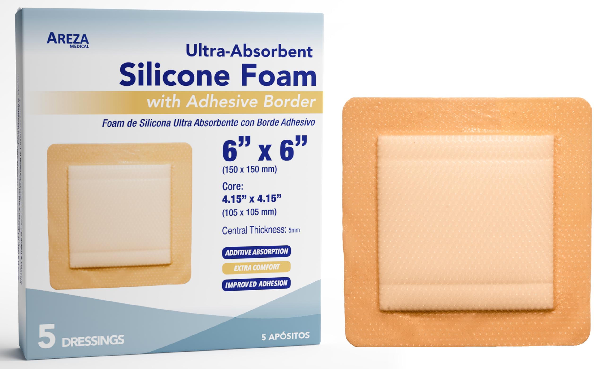 Areza Medical Silicone Foam Dressing with Border (Adhesive) Waterproof 6" X 6" (15 Cm X 15 Cm) (Central ultra absorbent-Foam Pad is 4" X 4") 5 Per Box (1)