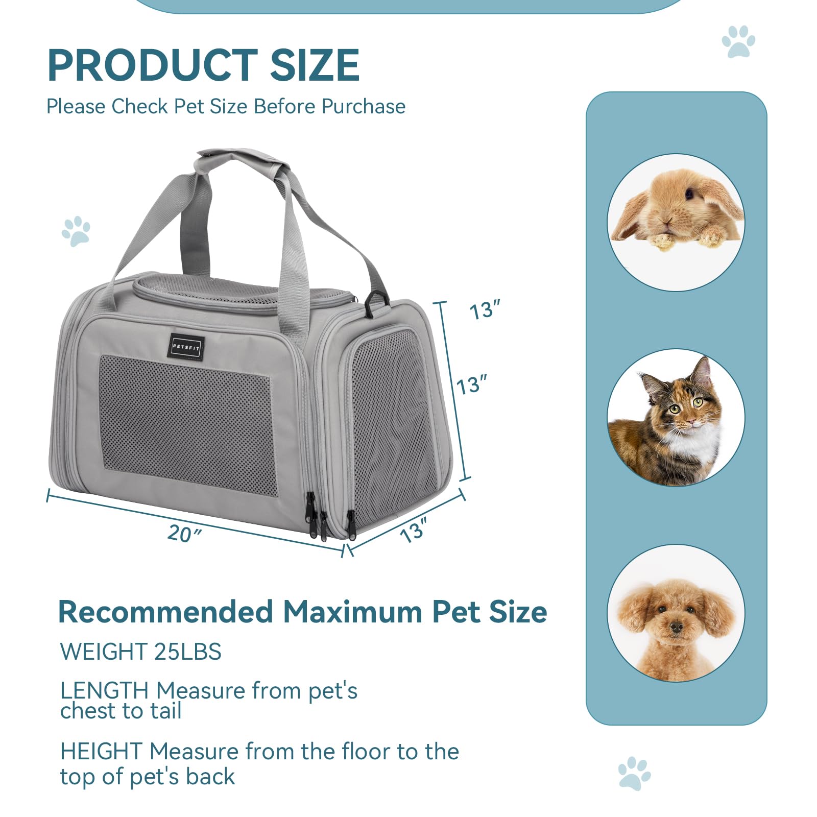 Petsfit Trasportino per gatti grande fino a 11,3 kg, trasportino stabile e leggero con tappetino in pile estensibile, borsa da viaggio per cani con guinzaglio di sicurezza per uso interno, 50 x 33 x