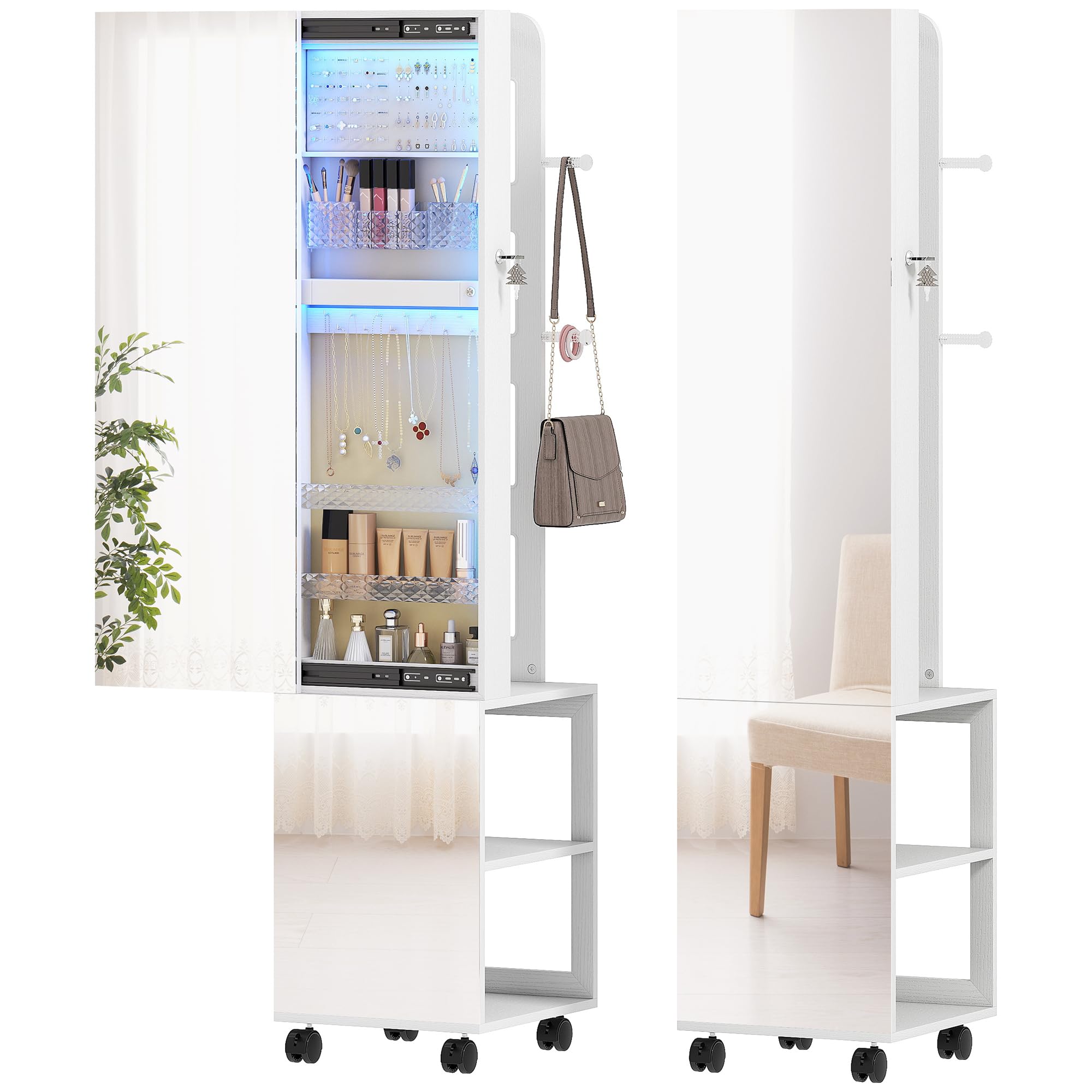 HOMCOM Espejo Joyero con Luces LED 3 Colores, Armario Joyero Giratorio 360° con Espejo sin Marco, Perchero, Cerradura con Llaves, Compartimentos, Blanco Beige