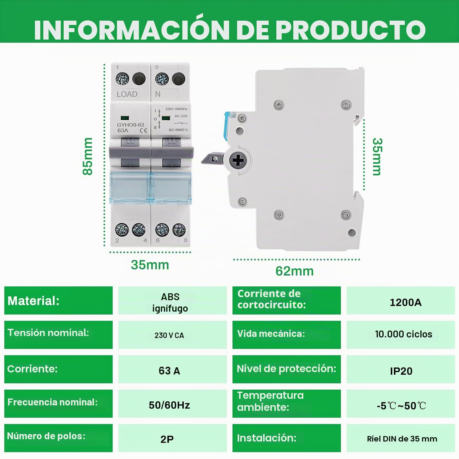 Interruptor de Transferencia, Interruptor de Separación Manual Dual Power DIN Rail Conmutador Manual 2P 230VAC 63A | Interruptor de separación de carga Dual Power DIN-Schiene Manueller Umschalter Transferschalter