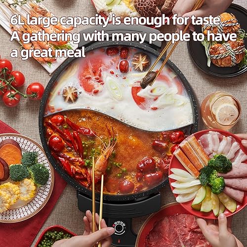 Miniatura 2 de AORAN - Olla eléctrica de 6 litros, olla antiadherente sin humo con divisor para olla caliente, fondue, shabu shabu, multifunción, incluye cucharón,