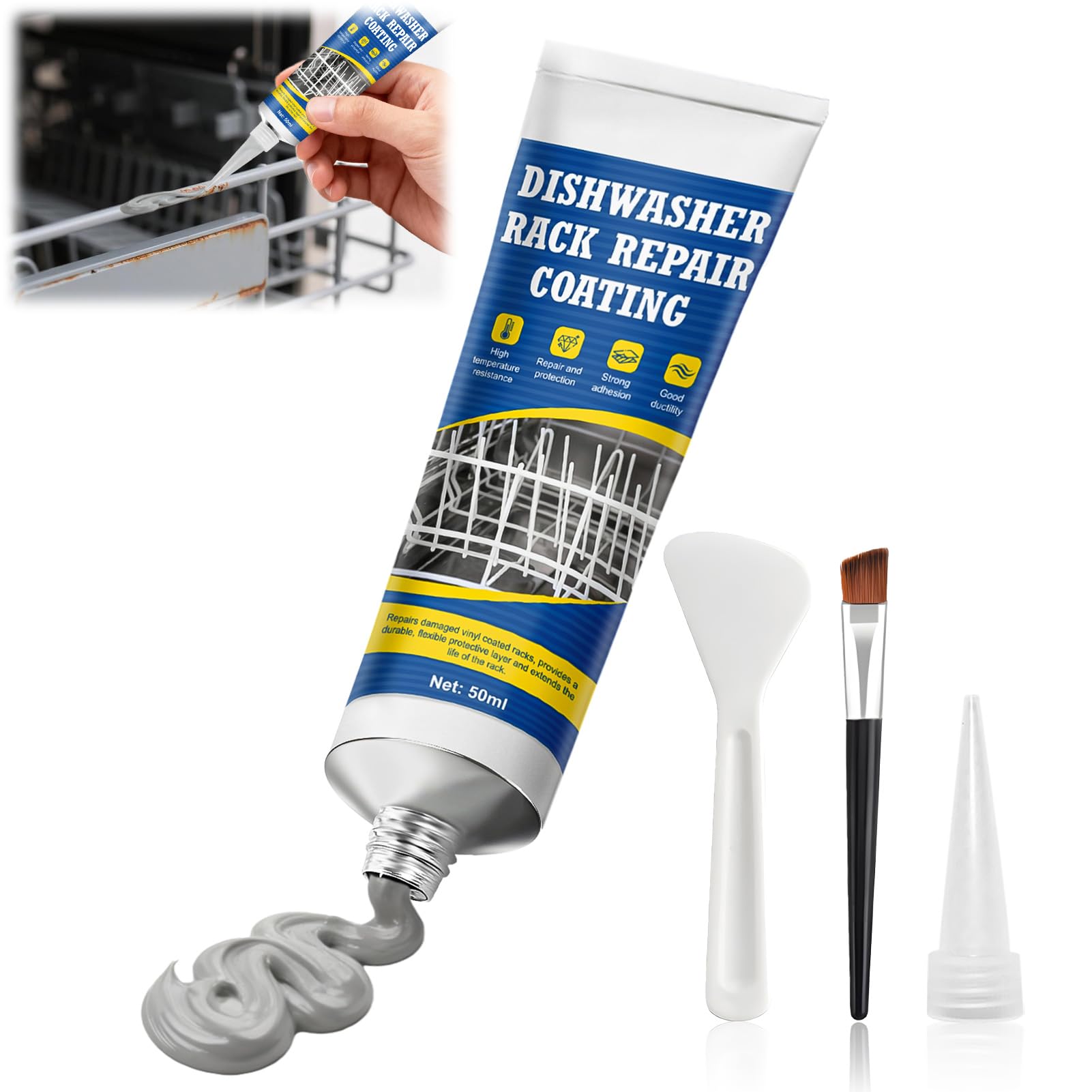 WEILAOK Spülmaschinenkorb Rost Reparatur, Geschirrspüler-Korb reparatur Gummi, Dichtungsmasse Wasserdicht, Rostfrei, Hochtemperaturbeständig, Speziell für Reparaturs des Geschirrspülerkorbs, Grau-50ml