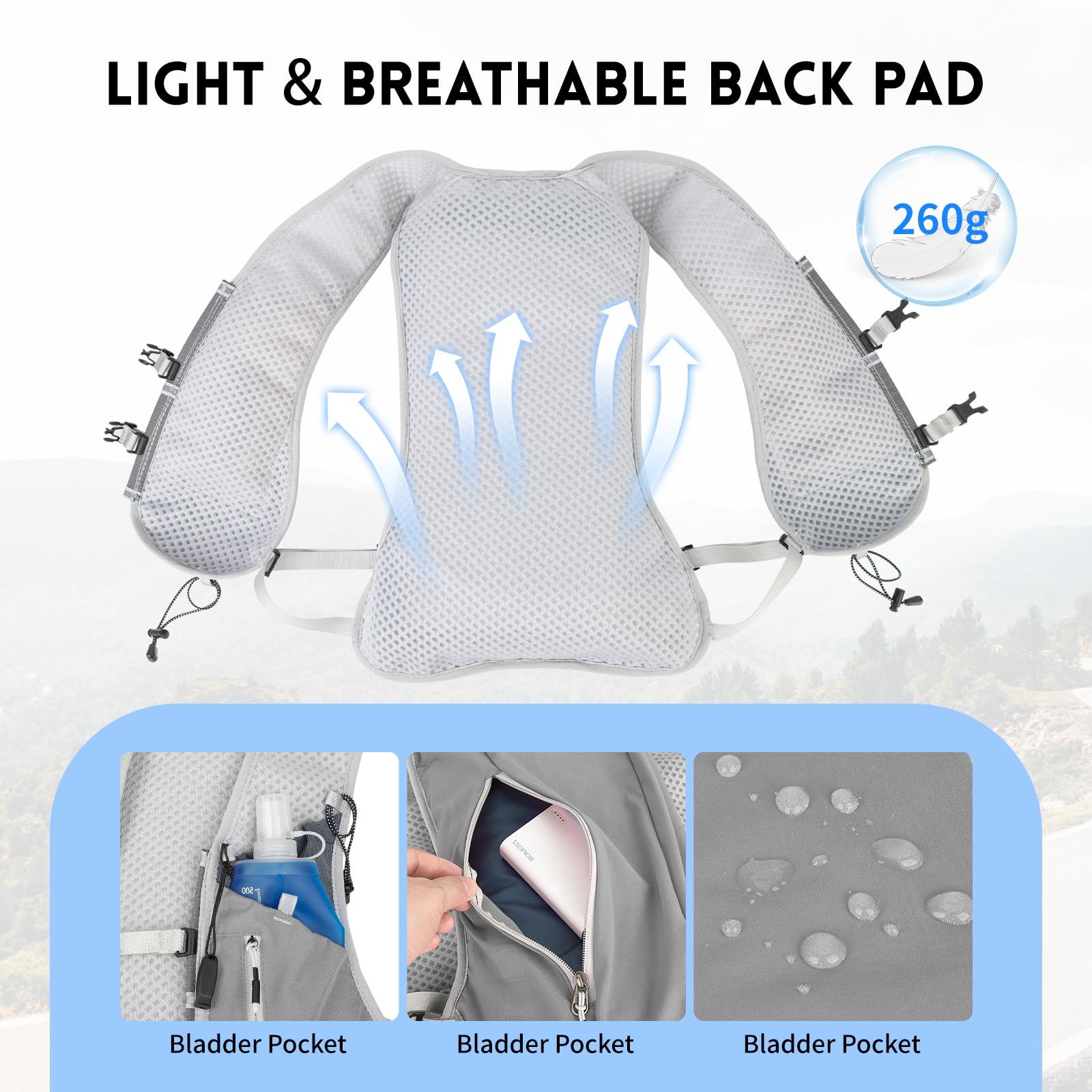 Expansea Zaino da Corsa 7L, Super Leggero Zaino Uomo & Donna, Tasche Multiple, Running Vest With Borraccia Morbida 500ml per Ciclismo, Maratona,Corsa, Arrampicata e Altri Sport All'Aria Aperta