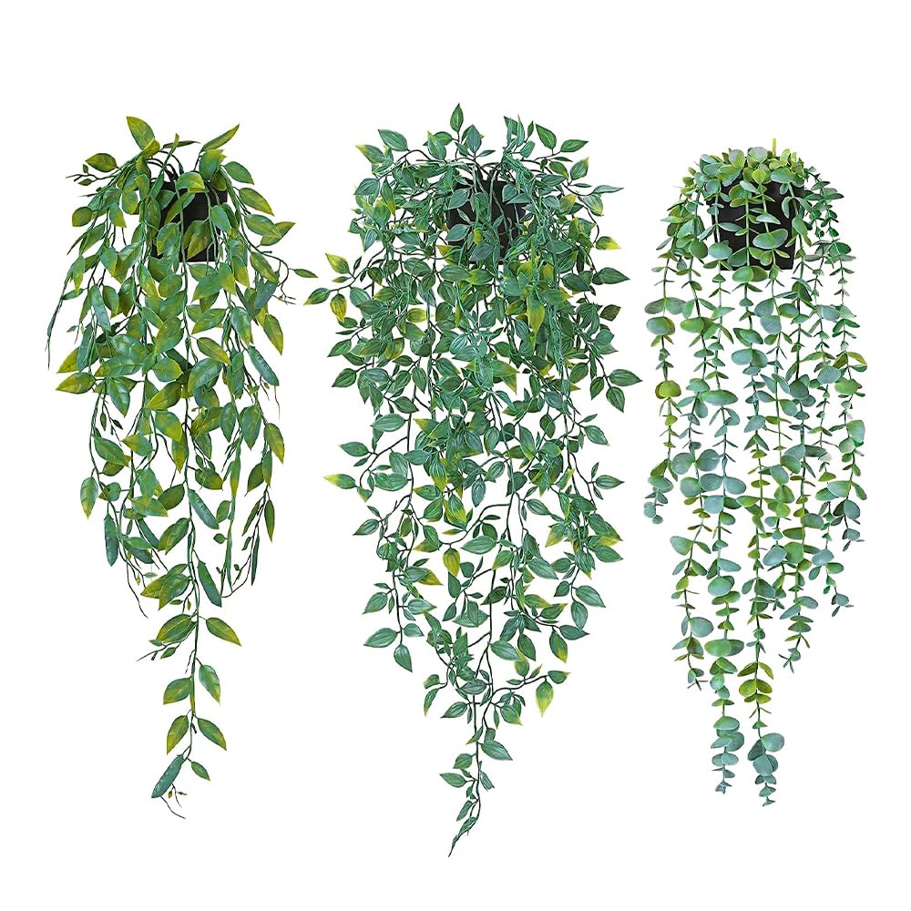 TOMVAESArtificial Hanging Plants, 3 Pack Artificial Hanging Plants with Pot, Indoor Faux Plant Fake Potted Greenery for Indoor Outdoor Home Office Table Shelf Decor (Eucalyptus+Pea pod+ Mandala)