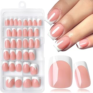 168pc White French Tips Press on Nails Short Square Fake Nails with Tabs File, Square Nails Press ons Short Acrylic Nails French Tip Glue on Nails Nude False Fingernail Stick on Nails for Women