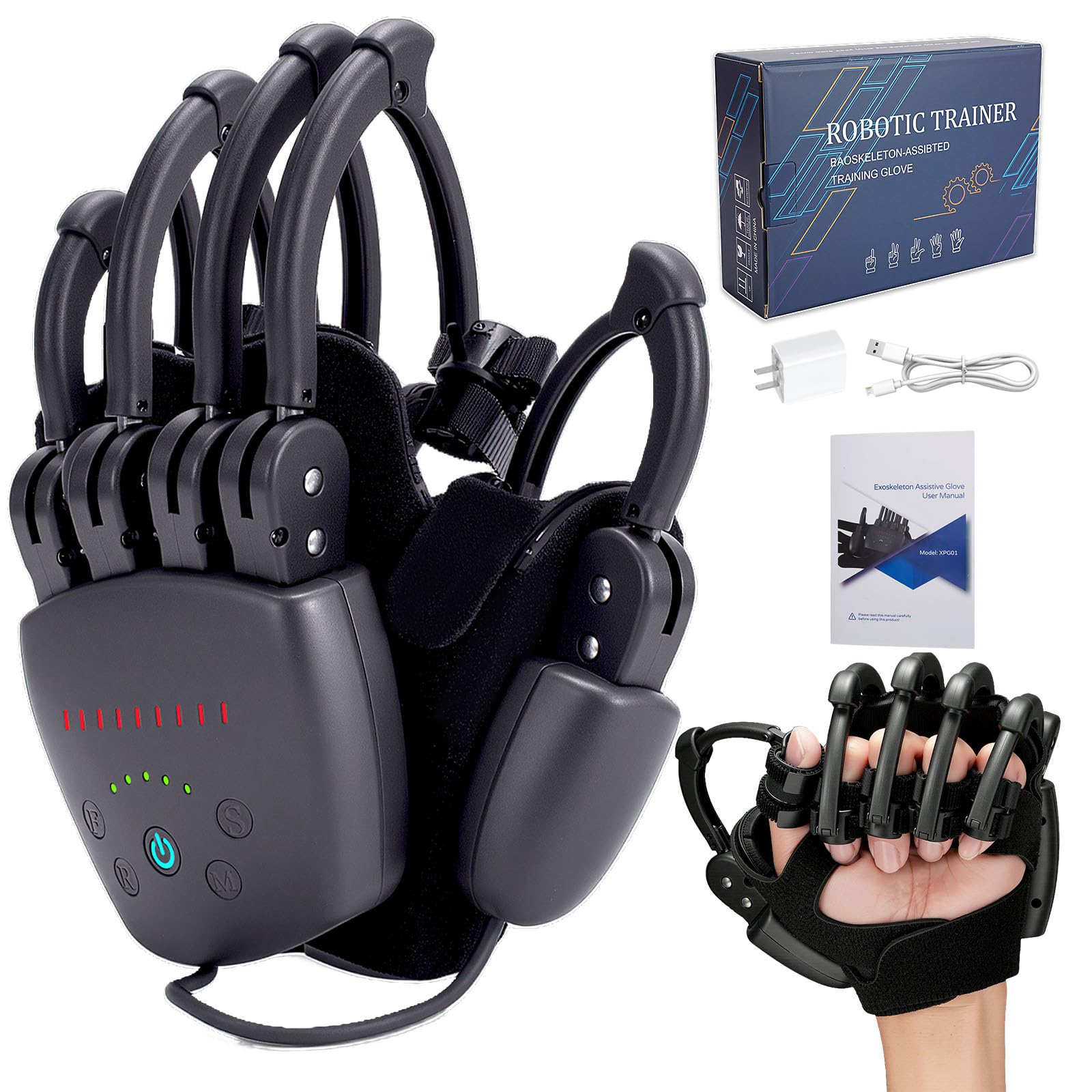 Rehabilitation Roboter Handschuhe, Hand Funktion Rehabilitationshandschuhe, tragbarer Roboterhandschuh für die Schlaganfallrehabilitation, einstellbare Stärke, 4 Modi
