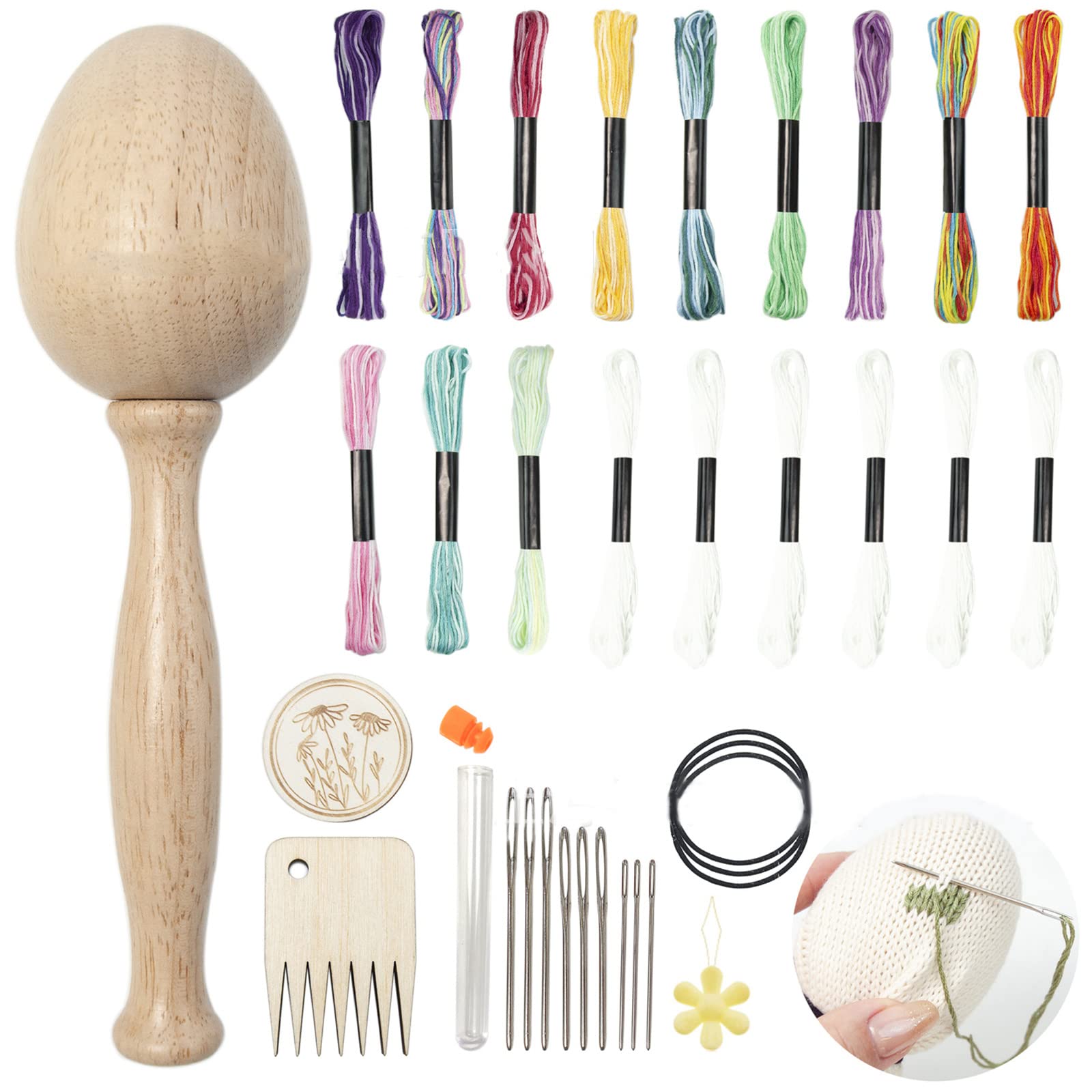 Hsioluted Sock Darning Kits Wood Darning Egg and Needle Thread for Adults & Kid, Handicraft Class, Travel, Home Darner Egg and Needle Thread Kits for Socks Gloves