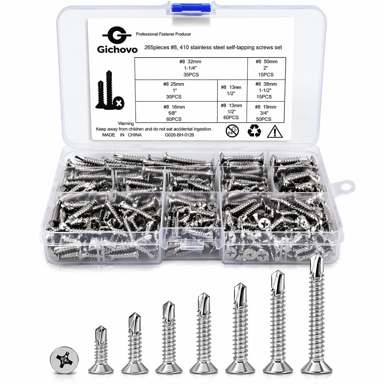Photo 1 of #8 Self Drilling Screws Assortment 265PCS, 410 Stainless Steel Self Tapping Screws for Metal, Modified Truss Head Sheet Metal Screws, Rustproof, 7 Sizes 1/2" to 2", Heavy Duty (Stainless steel-265)