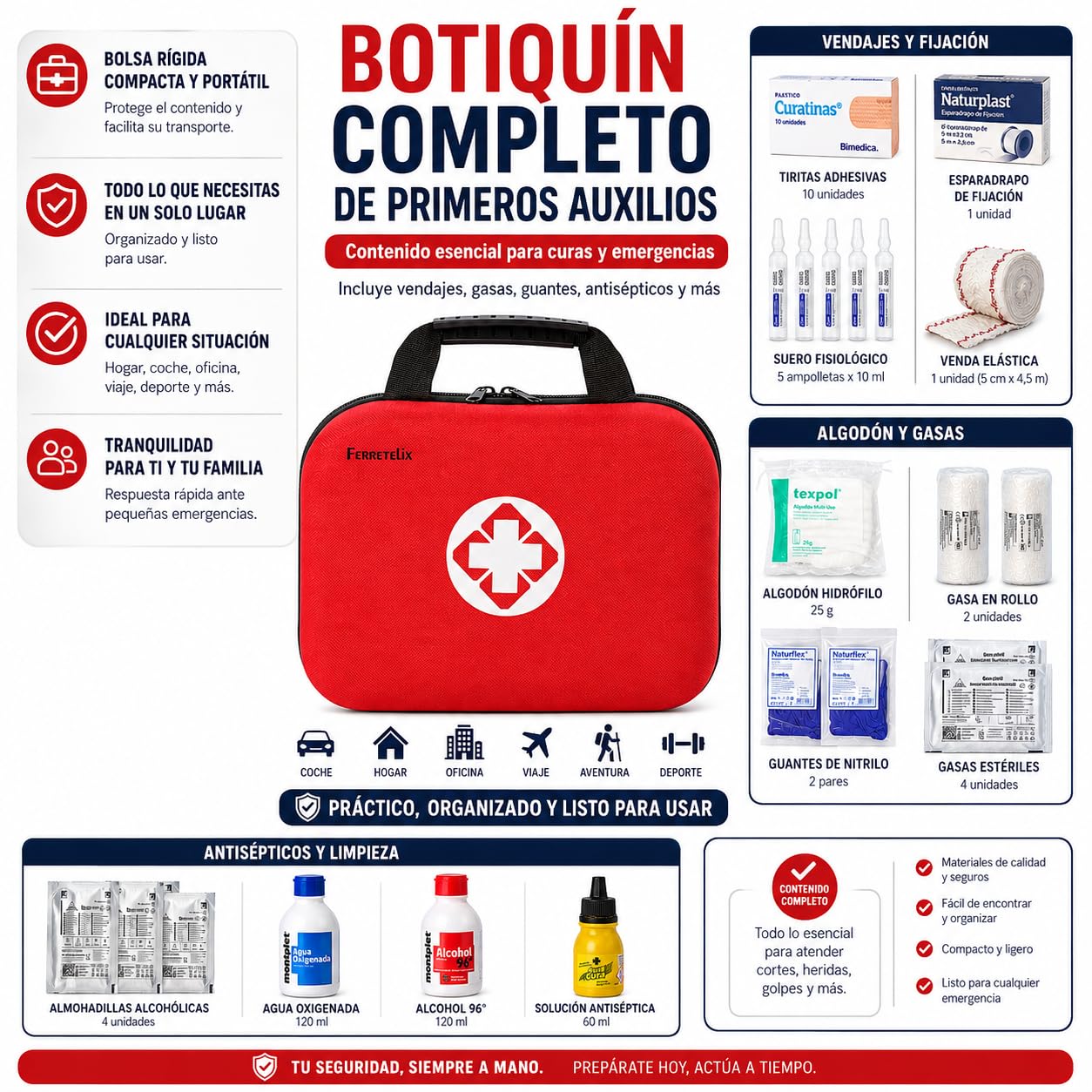 Kit di pronto soccorso con dotazione 25 cm x 20 cm x 8 cm