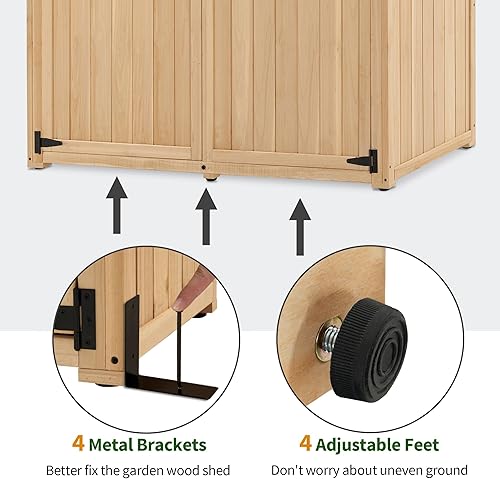 Miniatura 5 de MCombo Armario de almacenamiento grande de madera para exteriores con 2 estantes, cobertizo de almacenamiento de jardín de gran tamaño con