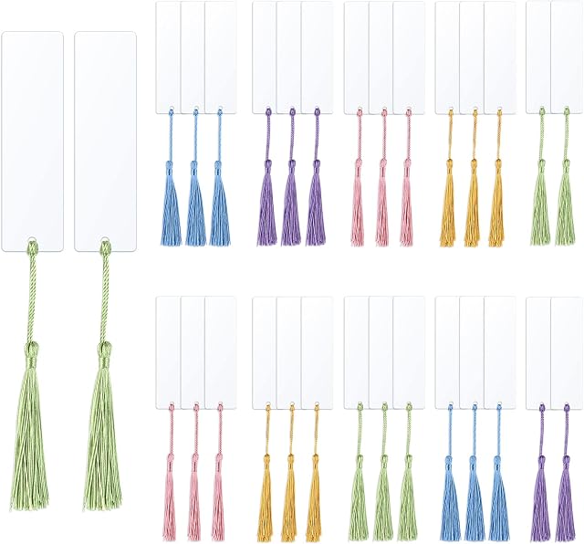 Bekecidi 30 Pcs Blank Acrylic Bookmark Clear Bookmarks with Hole DIY Blank Bookmarks with 30pcs Multicolor Tassel for Readers Teachers Students Birthday Gift