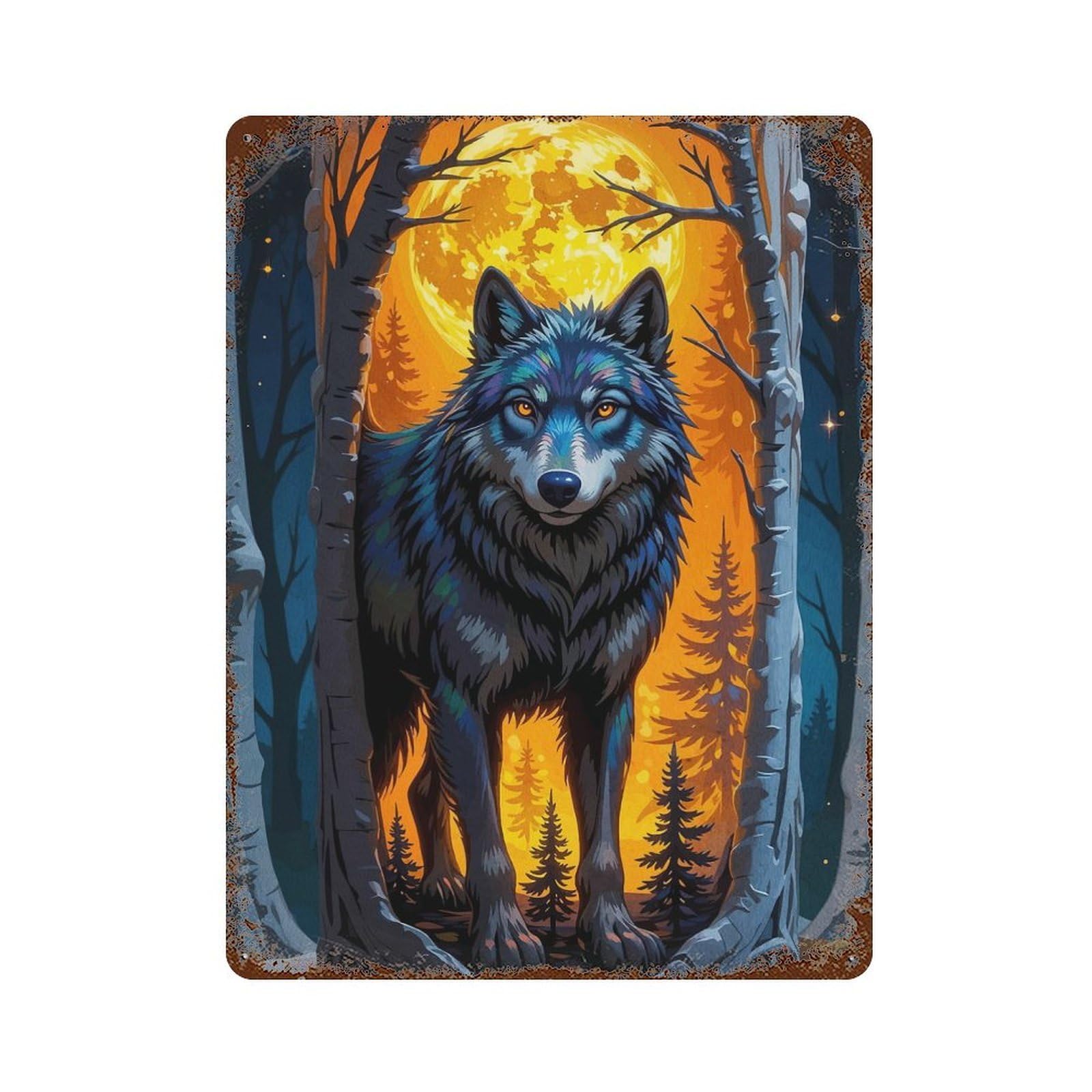 Wolf Forest Full Moon Rustic Tin Plaque 15.7"x11.8", Ideal for Cafe, Home Bar And Lounge Decor