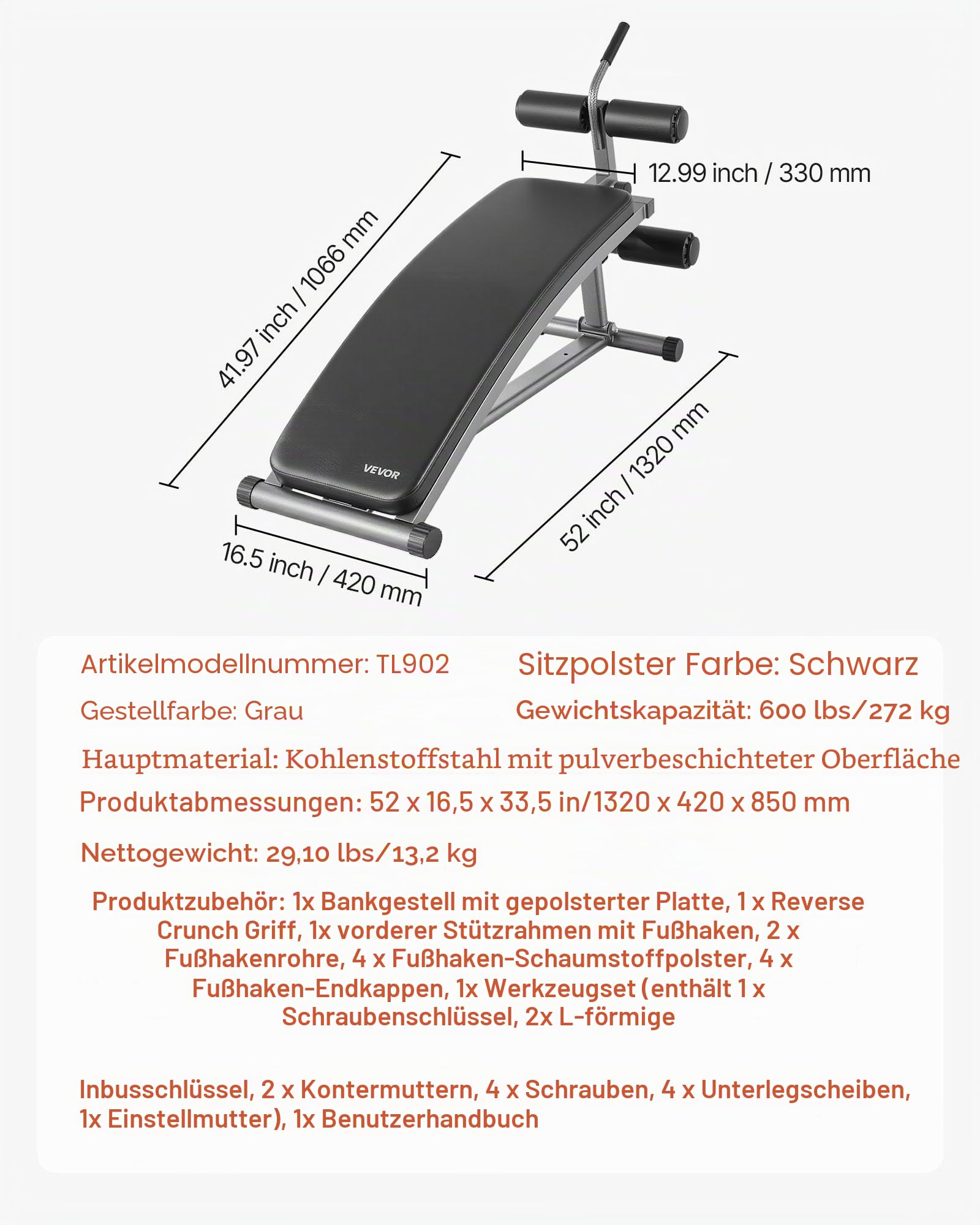 VEVOR Sit-Up-Bank, Bauchbank mit umgekehrtem Crunch-Griff, verstellbare Höheneinstellung, robuster Stahl, 500/600/453,6 kg Kapazität für Heim-Fitness-Workouts, Krafttraining, Ganzkörpermuskulatur