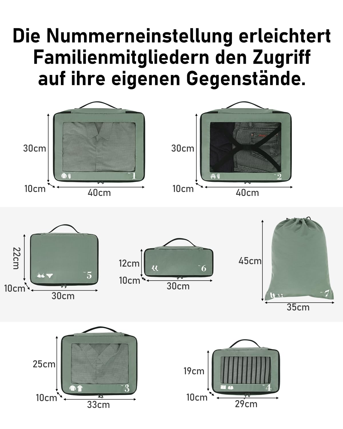 ECOHUB Packwürfel für Koffer, 7 Stück, Reise-Organizer, Packtaschen, recyceltes PET, umweltfreundlich, Reisezubehör, Schuhtaschen für Reisen, Aufbewahrungstasche, Gepäck-Organizer, Reisetasche(Grün)