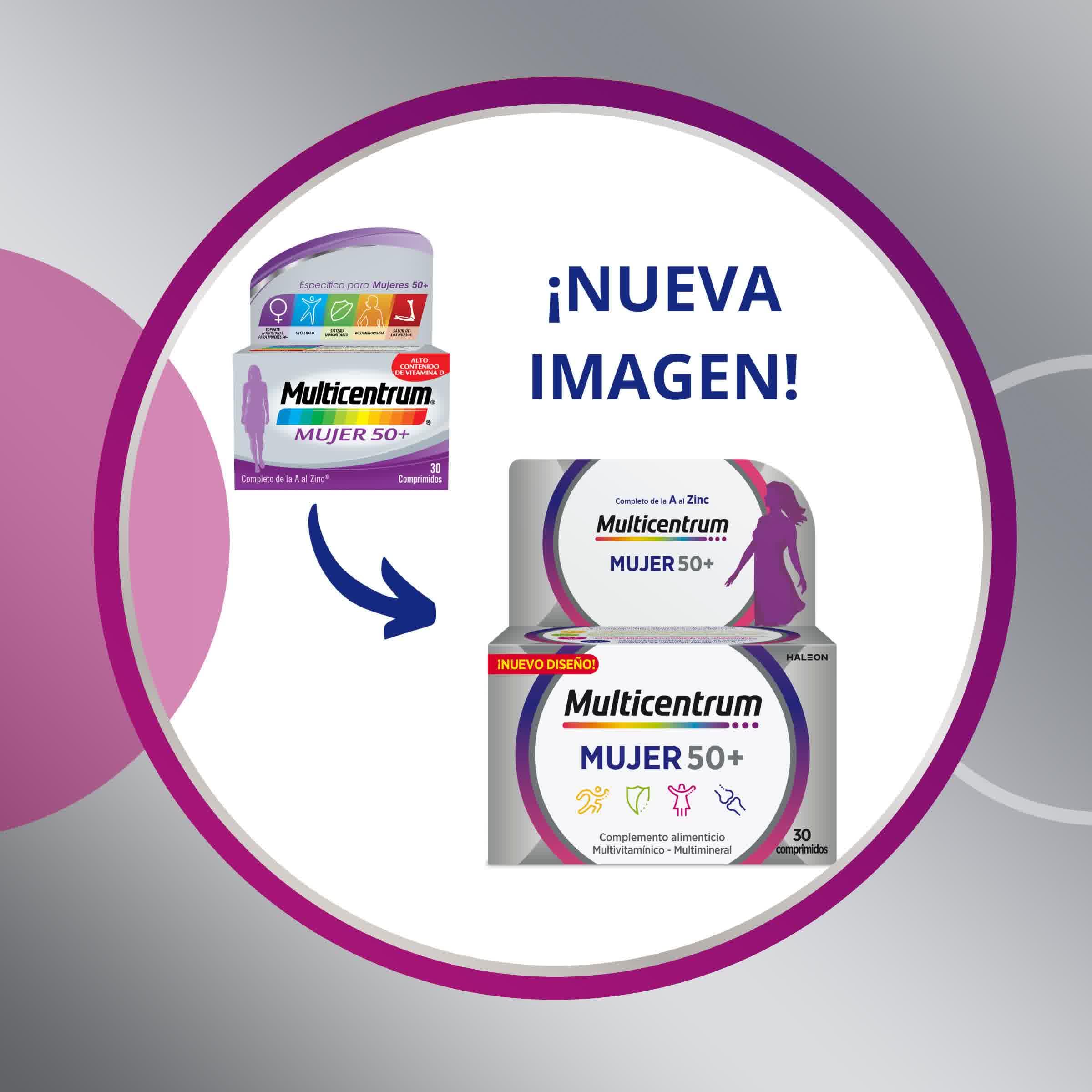 Multicentrum Mujer 50+ Complemento Alimenticio Multivitamínico y Multimineral para Mujeres 50+, Con Vitamina C y Zinc; Postmenopausia, Sin Gluten, 90 Comprimidos