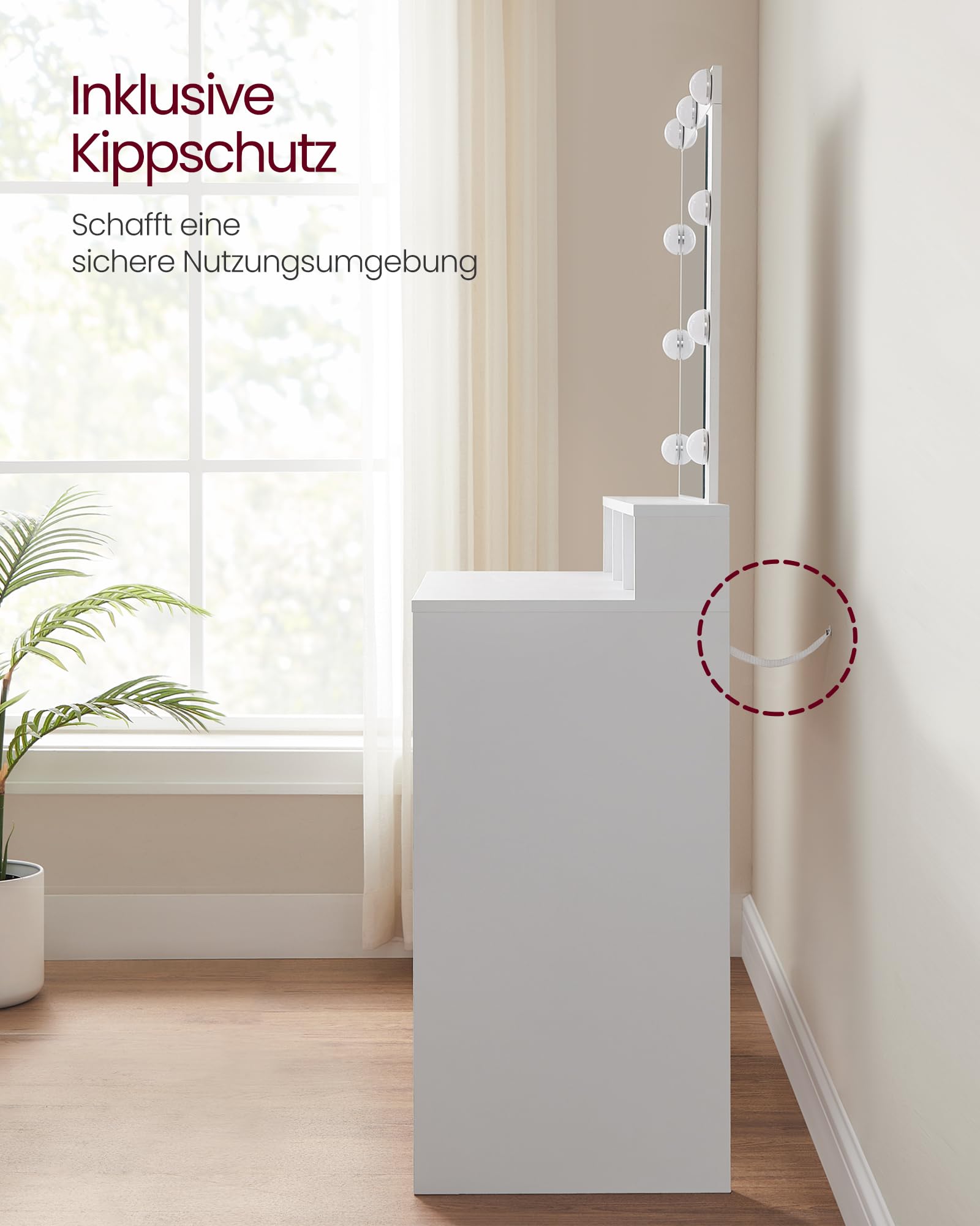 VASAGLE Kailyn Kollektion - Schminktisch mit LED-Beleuchtung, einstellbare Helligkeit, Frisiertisch mit Spiegel, Kosmetiktisch mit 2 Schubladen und 3 offenen Fächern, weiß RDT114W01
