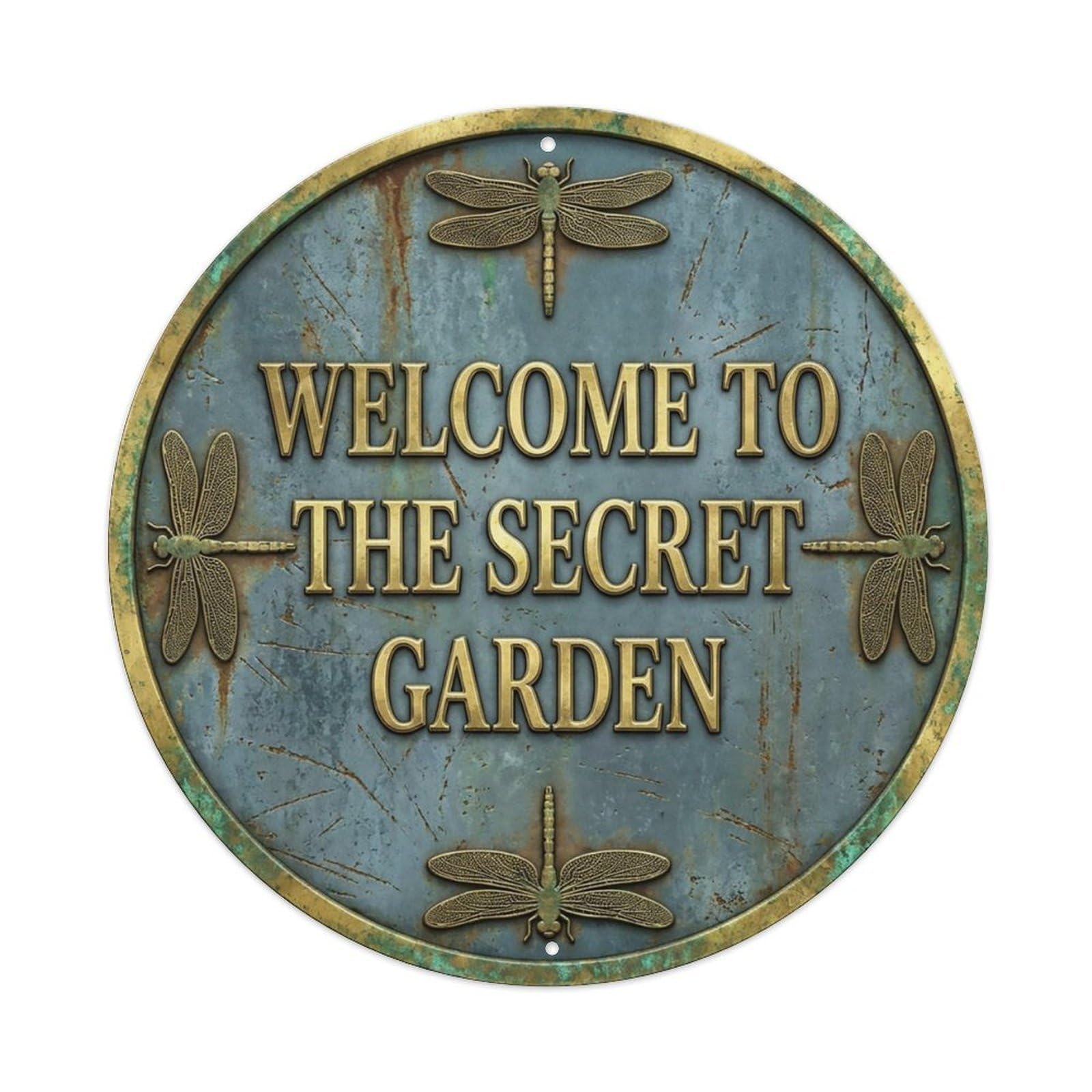 Vintage Welcome Secret Garden Brass Azure Engraved Metal Tin Sign