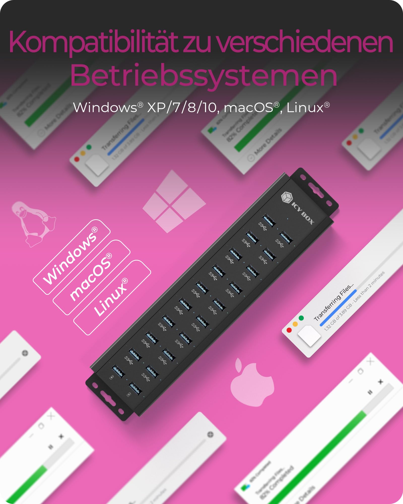 ICY BOX Hub USB 3.2 Gen 1 de 20 Puertos con Adaptador de Corriente de 12 V / 3 A, Carcasa de Aluminio y 2 Puertos de Carga USB, Modelo IB-HUB1720-U3