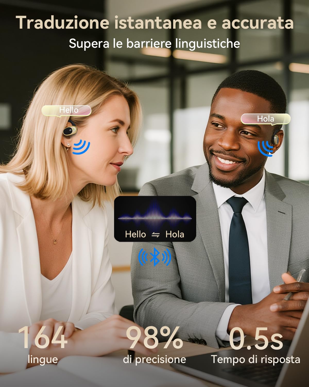 AI Cuffie Traduzione, Bluetooth 5.4 Traduttore Istantaneo Vocale con 156 Lingue, Auricolari di Traduzione con 5 modalità, Codice di Autorizzazione Permanente, Cuffie Bluetooth per Viaggi/Affari