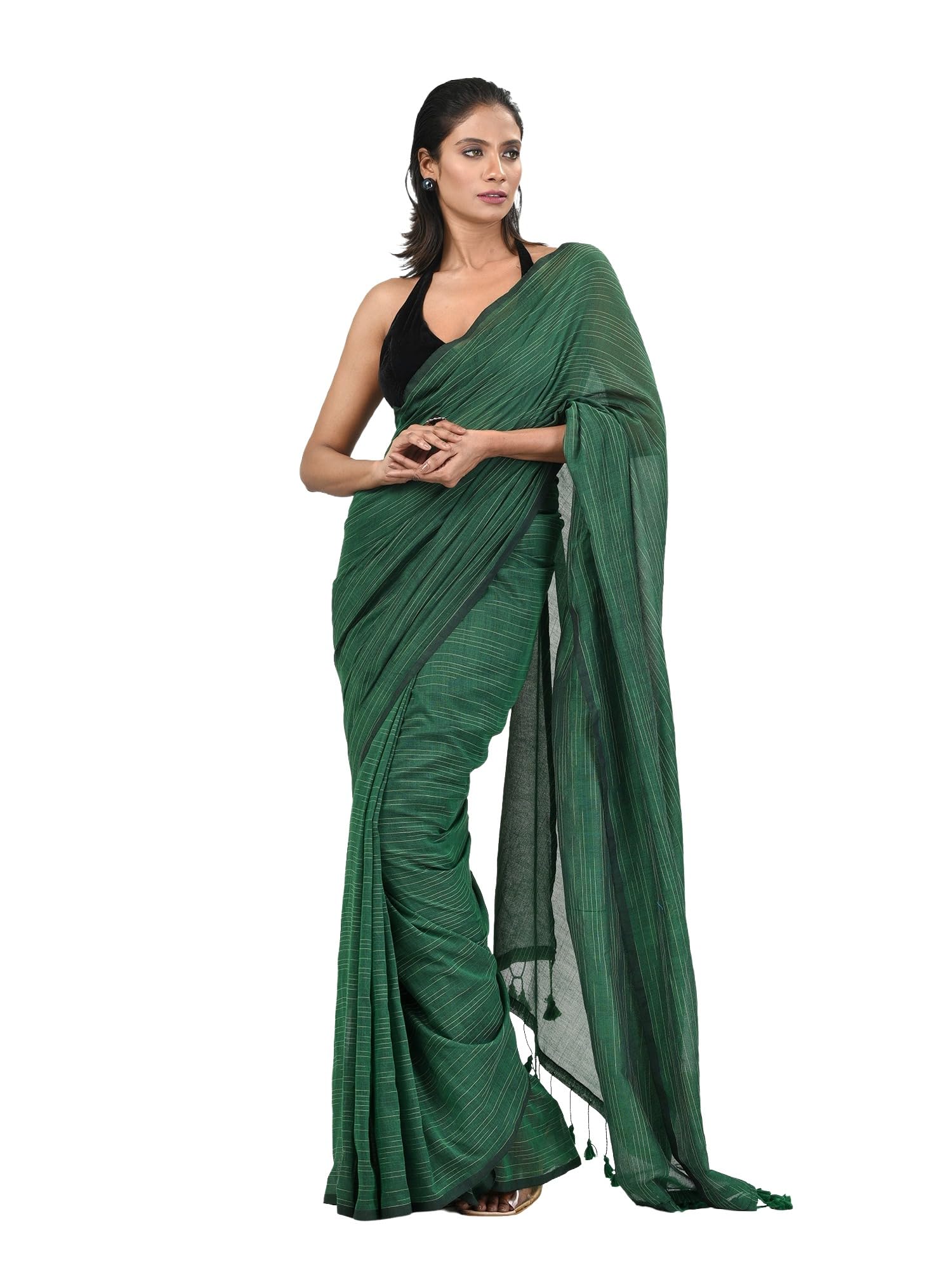 Green Cotton Handspun Soft Saree With Pompom-image-28