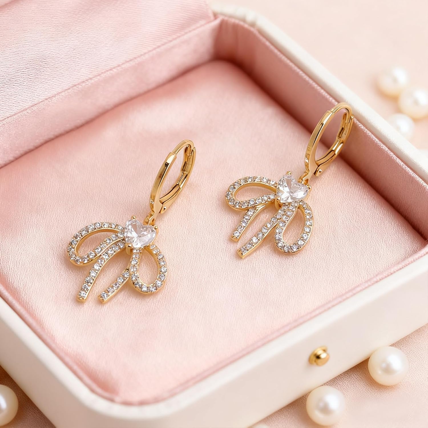 Sonateomber Gold Bow Dangle Small Hoop Earrings for Women, Cute Christmas Tree Sparkly CZ Rhinestone Snowflakes Ribbon Drop Earings Holiday Xmas Accessories Fashion Jewelry Gift - Image 6