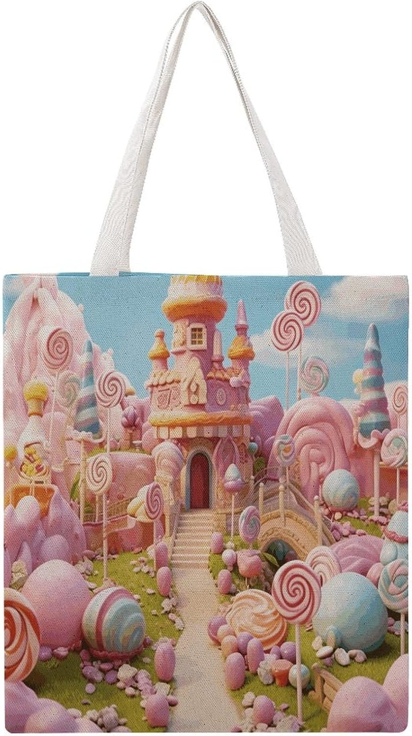 Dreamy Sweet Candy Canvas Tote Bag Reusable Grocery Bags Foldable Soft Cotton Shoulder Carry Bag
