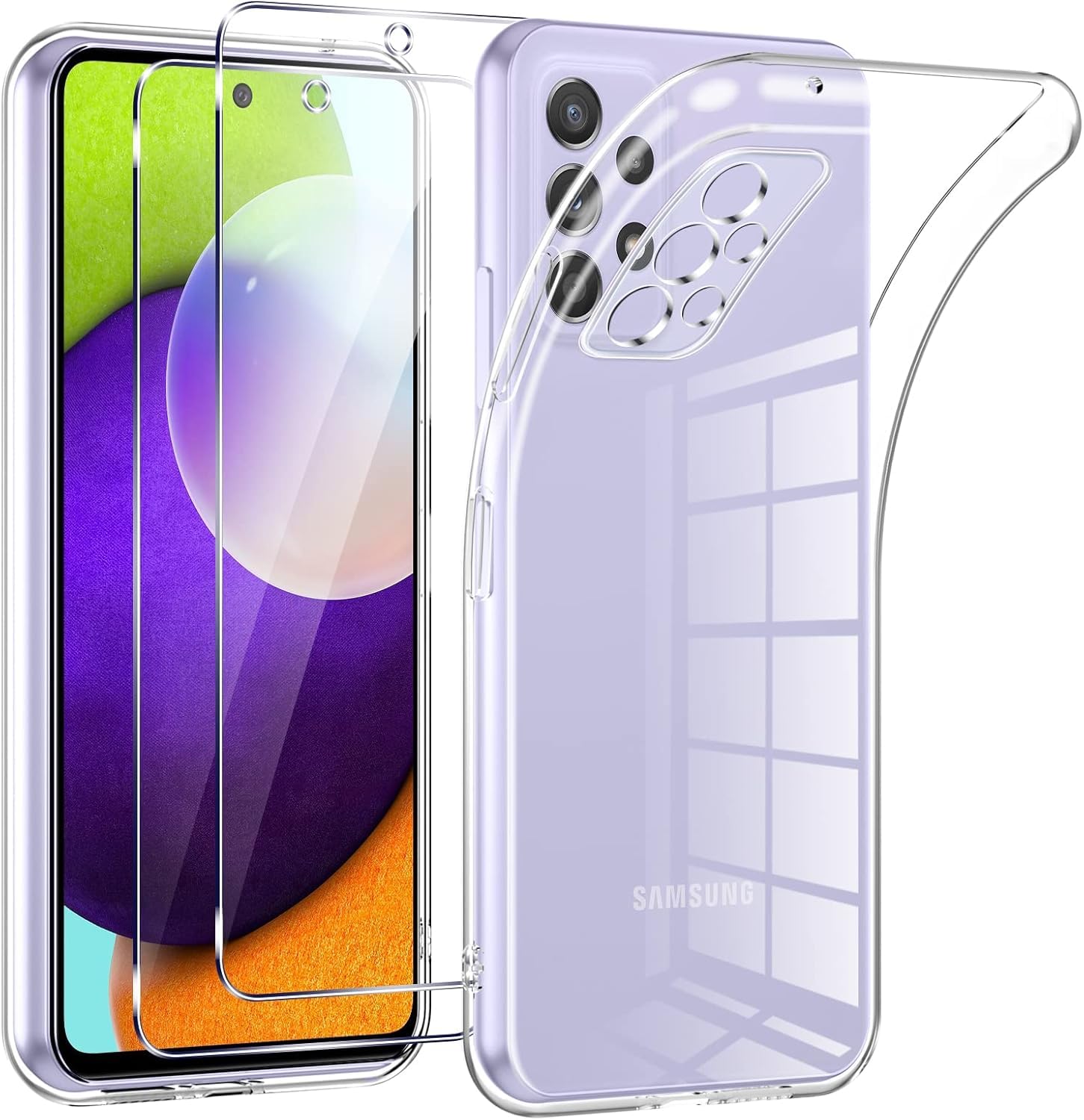 Compatible with Samsung Galaxy A52 5G Case with 2 Pack Tempered Glass Screen Protector, Soft Clear Silicone TPU Slim Anti-Scratch Shockproof Bumper Protective Cover for Samsung A52 6.5 In