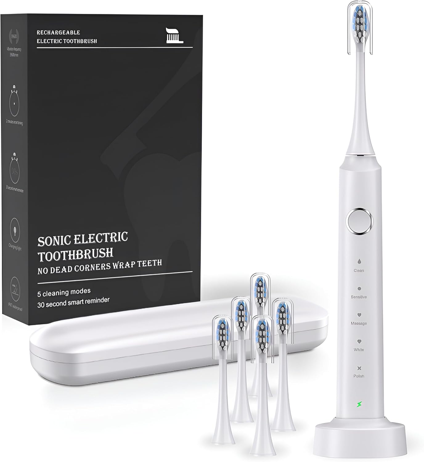 Sonic Electric Toothbrush for Adults, 38,400 VPM Magnetic Levitation Motor Rechargeable Toothbrush with 6 Copper-Free Brush Heads & Travel Case, 5 Modes, IPX7 Waterproof, USB Fast Charge, White