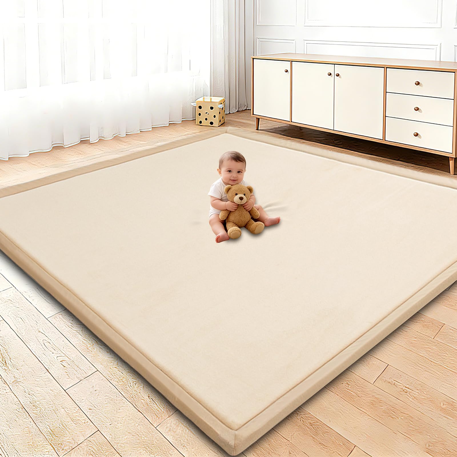 Baby Play Mat for Floor, 1.3 Inch Thick Memory Foam Tummy Time Mat with Non Slip Backing, Soft Coral Velvet 59X79 Inch Playpen Mat Crawling Tatami for Infants Toddlers Kids, Beige Beige 59" X 79"