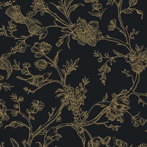 Miniatura 8 de Safiyya Papel tapiz autoadhesivo extraíble de 118 x 17.3 pulgadas, papel de contacto dorado y blanco, diseño de pájaros florales, autoadhesivo,