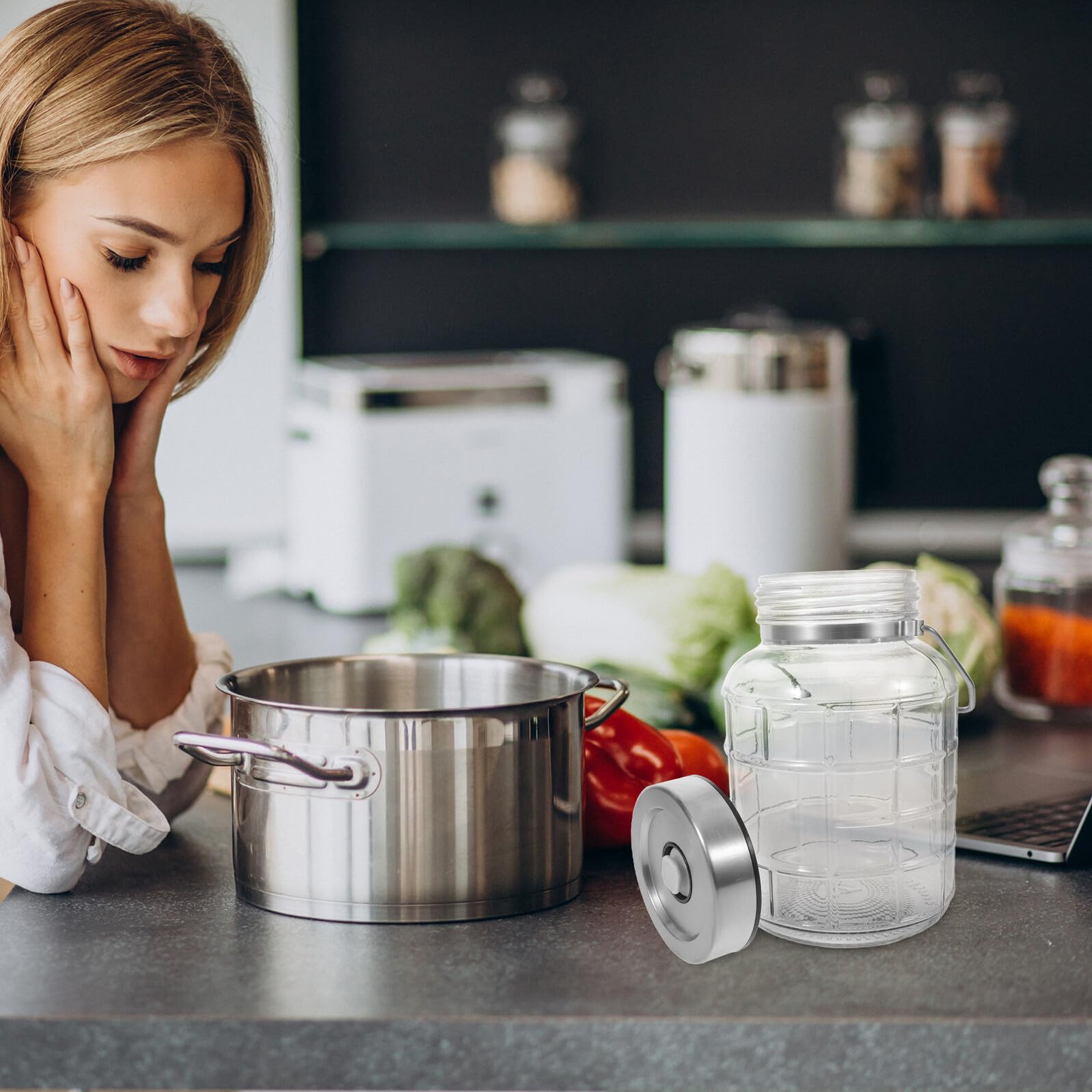 Vaso in Vetro per Fermentazione con Valvola di Sfiato Ermetico Contenitore per Conservazione Alimenti in Cucina Barattolo per Fermentare Verdure Spezie e Conserve