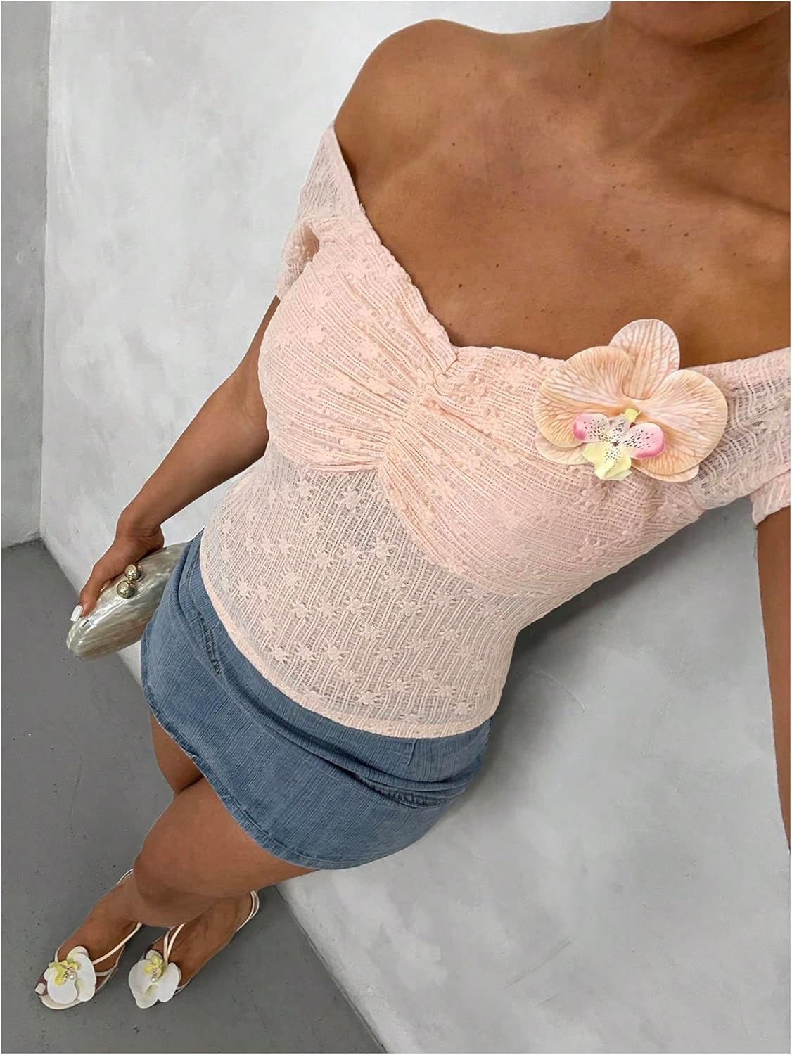 OYOANGLE Women's 3D Floral Off The Shoulder Top Ruched Short Sleeve Sheer T Shirts - Image 2