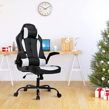 PC Gaming Chair Office Computer Ergonomic Chair PU Leather Adjustable with Flip Up Arms Lumbar Support Headrest E-Sport Racing Desk Swivel Chairs High BackWhite