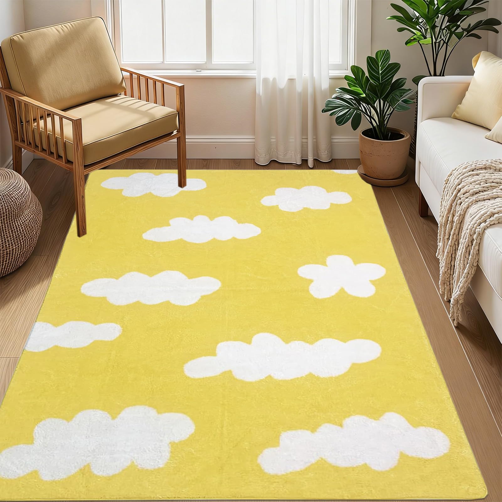 USTIDE Tapis en peluche super doux et moelleux à motif nuages mignons pour chambre d'enfant, salle de jeux, salle de classe, chambre à coucher, salon - Jaune - 120 x 180 cm
