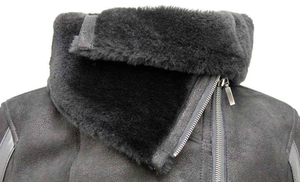 Womens Short Black Merino Sheepskin Aviator Leather Jacket product thumbnail 7