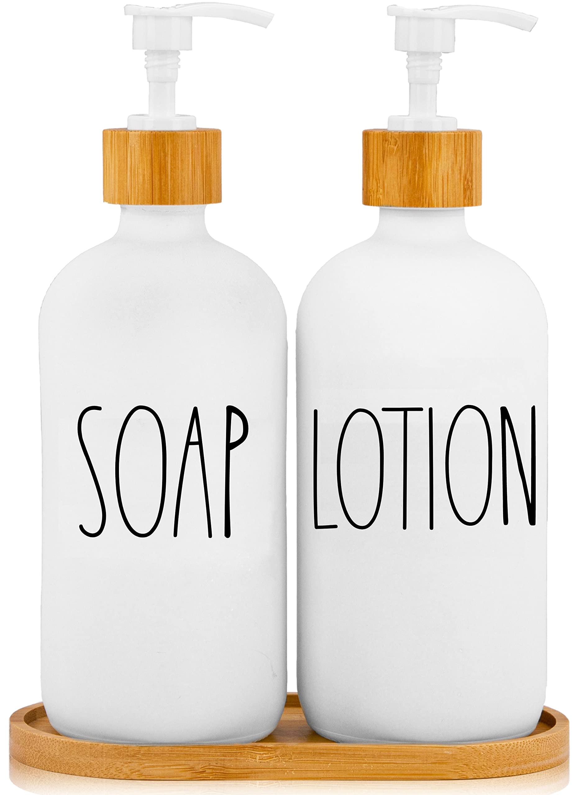 Brighter Barns Soap and Lotion Dispenser Bathroom Set With Tray - Glass Pump - Farmhouse Boho Accessories (White)