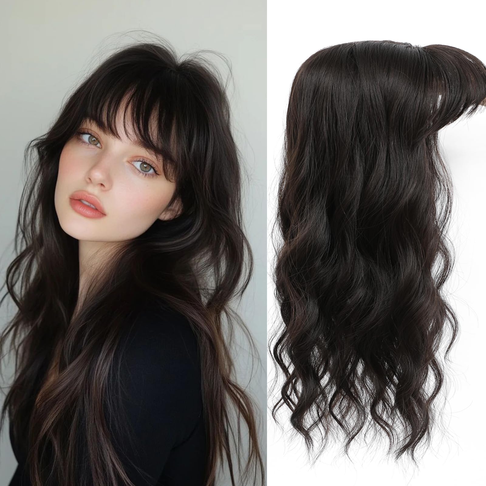 Hair Toppers for Women, 20 Inch Long Curly Wavy Hair Topper 360° 3D French Clip in Bangs (Dark Brown Black, French Bangs)