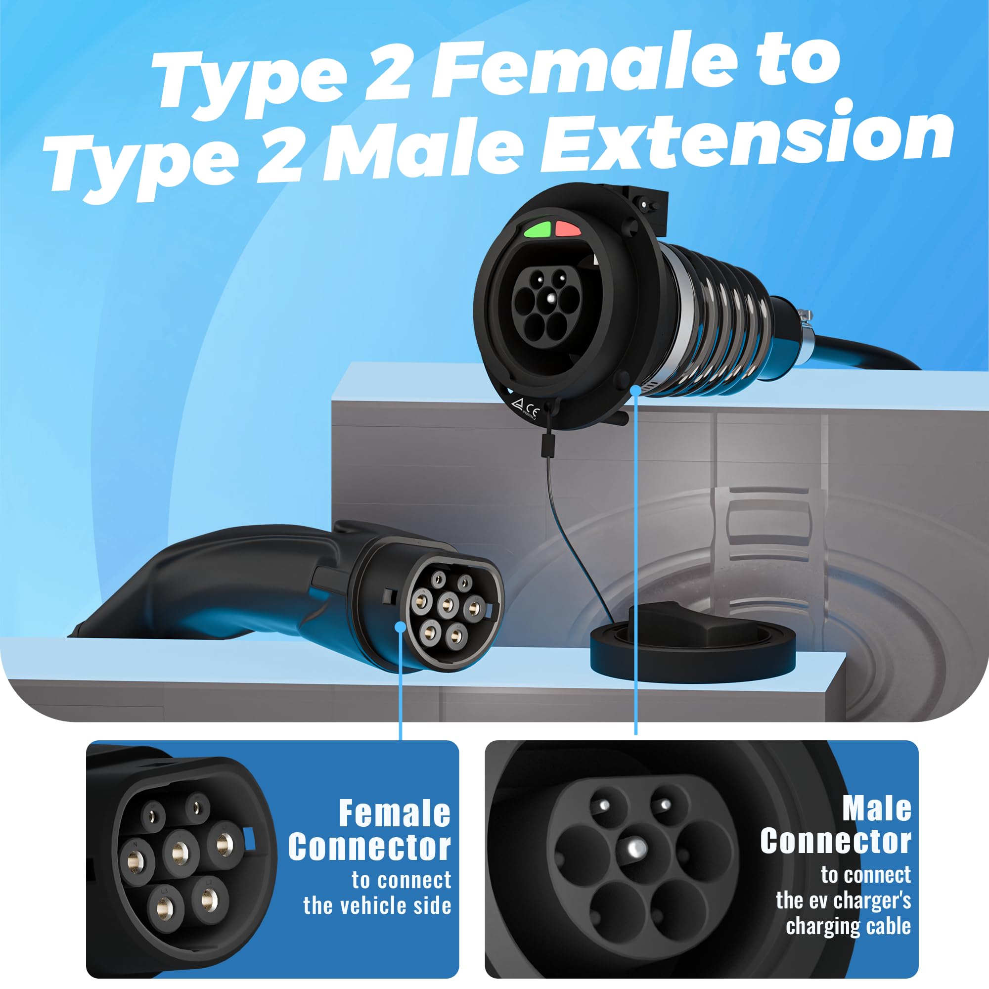 EVPEIWE Câble Extension Recharge Type 2 7,2 KW 32A Monophasé – 7 Mètres – Verrouillable IP54 Pour Voiture Électrique Et Hybride Rechargeable