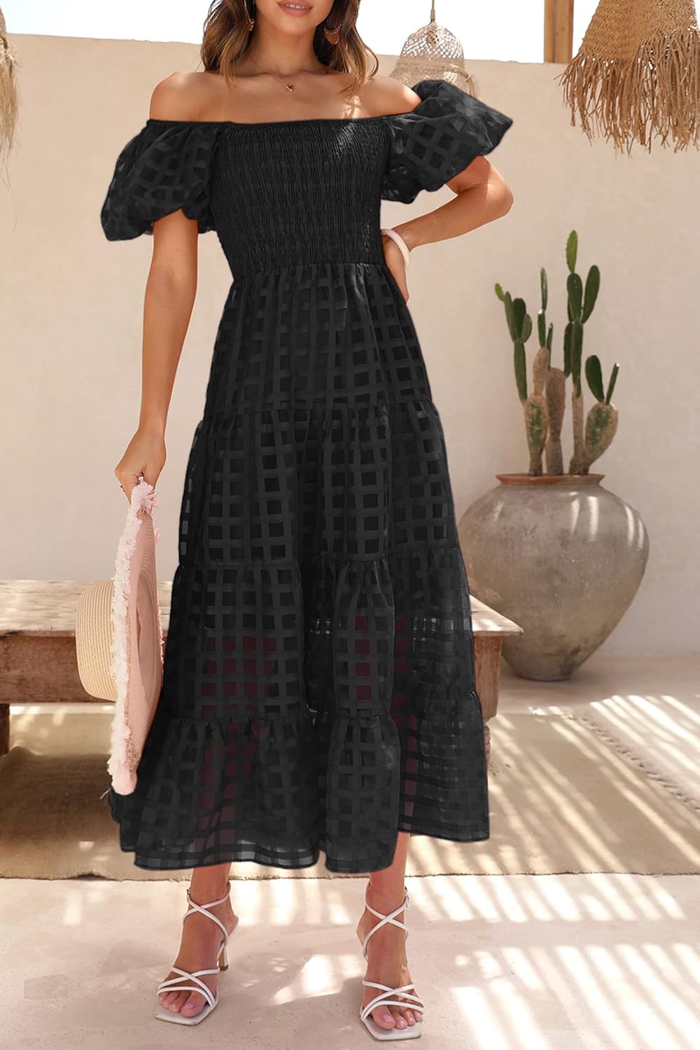 PRETTYGARDEN Women's Casual Summer Dress Puffy Short Sleeve Square Neck Smocked Tiered A Line Maxi Long Dresses - Image 3